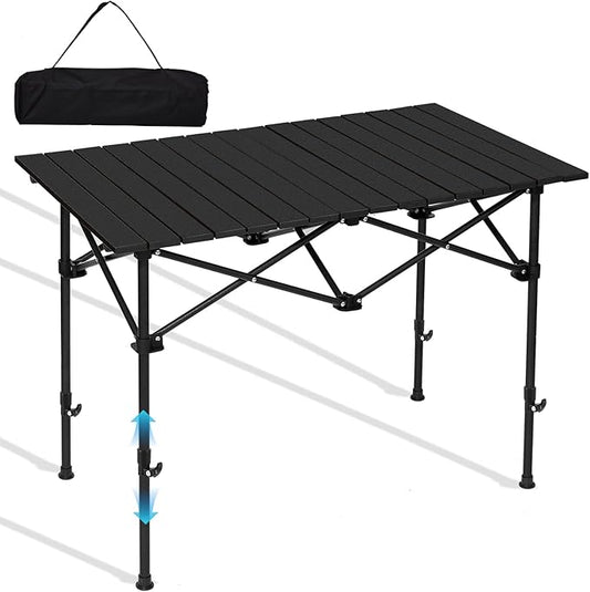 SHANQUAN Folding Camping Table, 46.5 × 21.7 Inches Portable Camp Table Aluminum Fold Up Lightweight Roll Up Table Adjustable Height with Carry Bag for Camping, Picnic, Backyard, BBQ, Patio, Black