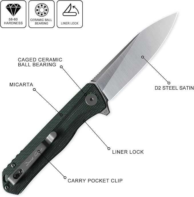 Petrified fish PF818 Folding Knife,3.54" D2 Steel Satin Blade,104g Micarta Handle Pocket Folding Knife (Green, Micarta)