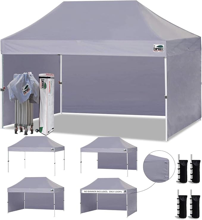 Eurmax USA 10'x15' Pop-up Canopy Tent Commercial Instant Canopies with 4 Removable Zipper End Side Walls and Roller Bag, Bonus 4 SandBags(Gray)