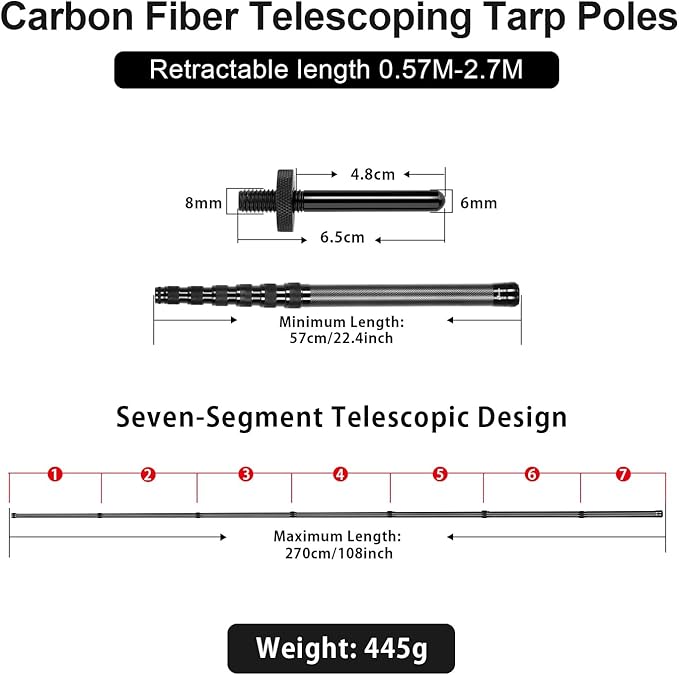 Telescoping Tarp Poles Heavy Duty Adjustable, Carbon Fiber Tent Poles, Portable & Lightweight for Tent Fly, Awning, Outdoor Camping, Hiking 8.9FT