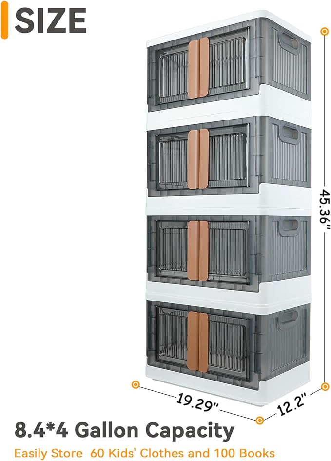 Storage Bins, Cabinet with Lids, Single 8.4 Gallon Capacity, 4 Pack, Stackable, With Double Door, Bottom Wheels, Collapsible, Transparent, Dustproof