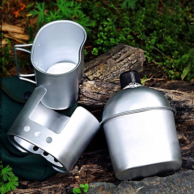 Military Canteen with Cup Stove and Molle Pouch Military Surplus Army Canteen for Outdoor Camping Hiking Surviving Backpacking