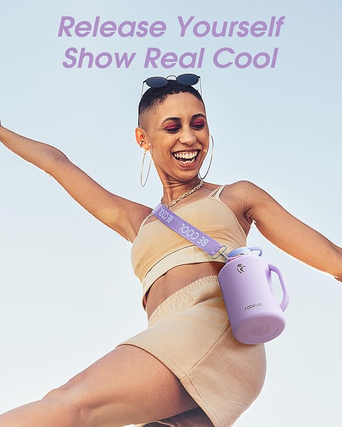 Coolflask Half Gallon Water Bottle with Straw, 64 oz Insulated Stainless Steel Water Jug With Handle Metal Double-Walled Vacuum Large Flask With Strap Leakproof, Keep Cold 48 Hrs Hot 24hrs, Lavender