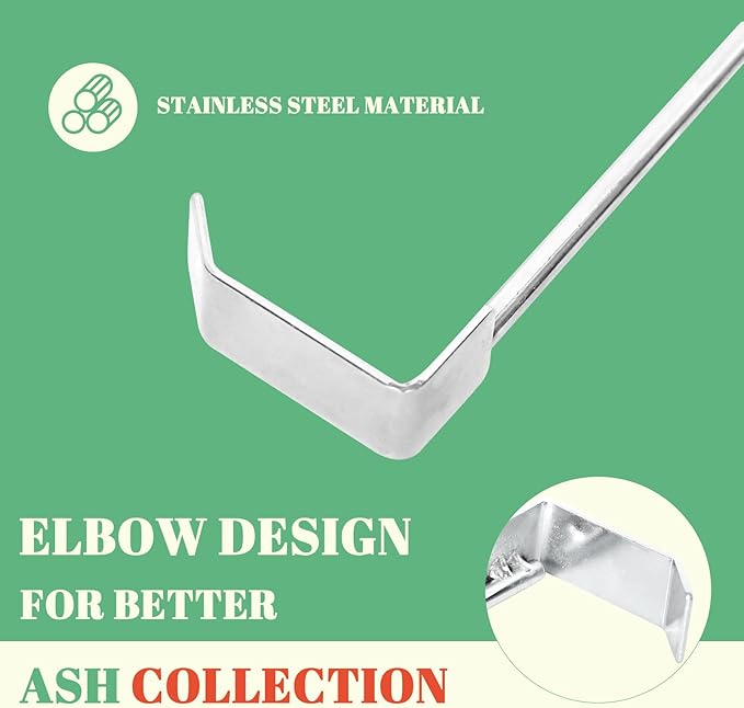 18" Green BBQ Ash Tool for Big Green Egg Ash Rake Ash Cleaner for BGE Kamado Accessories Long Handle Cleaner with Scraper Stainless Steel Charcoal Pellet Grills Wood Burning Stove
