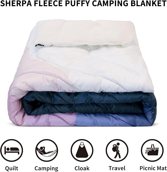 zzlamb Sherpa Puffy Camping Blanket,Packable Outdoor Warm Wearable Fleece Blankets for Cold Weather,Thick Camp Quilt with Sherpa Lining for Sleeping,Traveling,Backpacking,Picnics,Beach,Stadium 52x75in