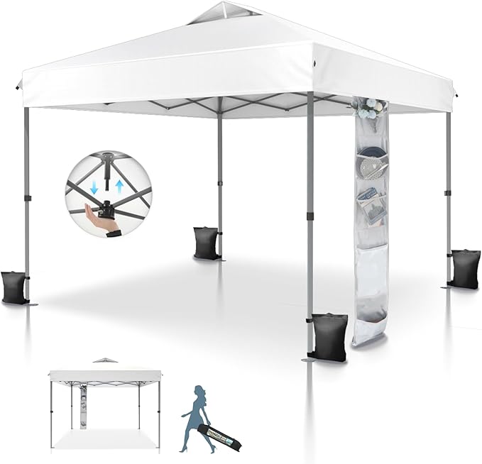 MFSTUDIO 10x10 Pop Up Canopy Tent, Outdoor Tent One Push Setup Instant Portable Shelter Canopies with Vented Top, Straight Legs, Wheeled Bag, 4 Sandbags, White