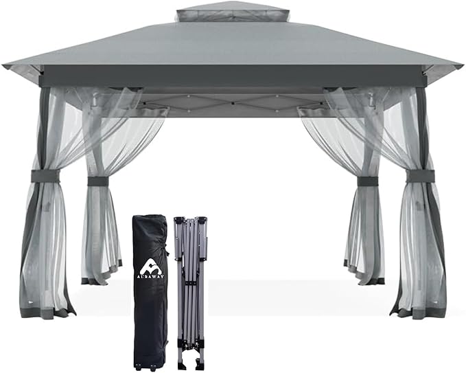 Auraway Outdoor Pop-Up Gazebo with Insect Screen & Dual-Layer Weatherproof Roof – Lightweight Gazebo for Camping, Beach Parties, Garden, and Backyard Events (Grey) (11x11)