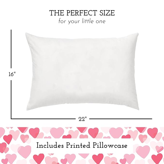 Little Sleepy Head Youth Pillow with Pillowcase 16x22, Soft Jumbo Toddler Pillows, Hypoallergenic Pillow Case - Best Kids Pillows for Sleeping, Perfect Kids Travel Pillows (Heart Pink)