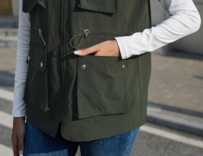 PESION Womens Packable Military Utility Vests Outerwear Waterproof Windbreaker Jacket Cargo Vest with Removable Hood