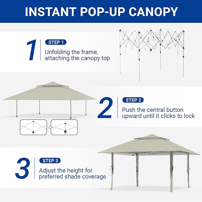 Favofamilie13x13 FT Pop Up Canopy, Instant Setup Gazebo with Wheeled Carry Bag, 4 Sandbags & 4 Ropes, UV-Resistant Top, Heavy Duty Outdoor Shelter for Backyard Camping Events, Khaki