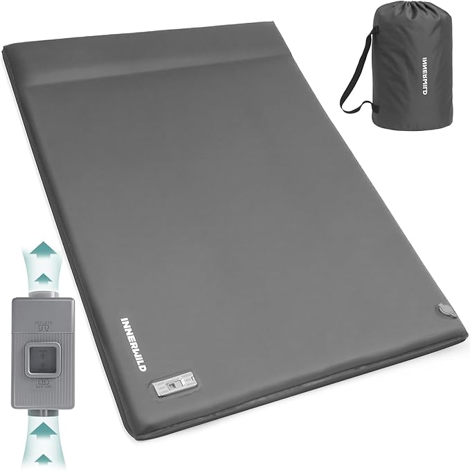 Double Camping Sleeping Pad with Electric Pump, 3.15" Thick 2 Person Self Inflating Memory Foam Mattress Pad with Pillow, Portable Sleeping Mat for Travel, Car, Tent, Home - Grey, Full Size