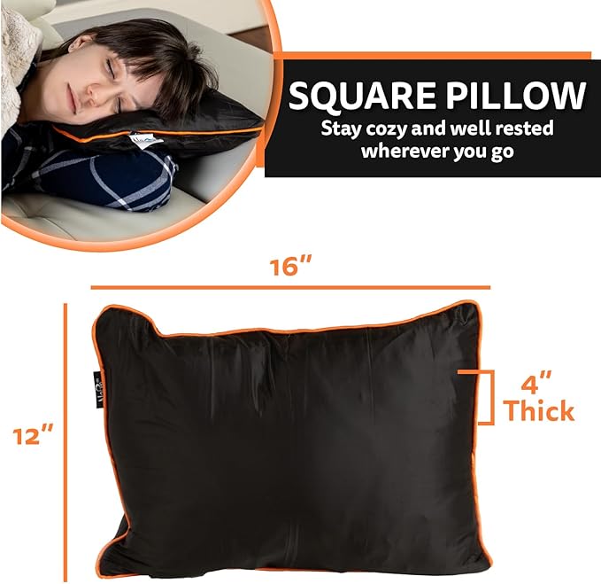Ripstop Outdoor Camping Pillow and Blanket 3-in-1 - Versatile Lightweight Nylon Waterproof Stadium Blanket, Ultralight Backpacking Essentials, Travel Set - Black and Orange