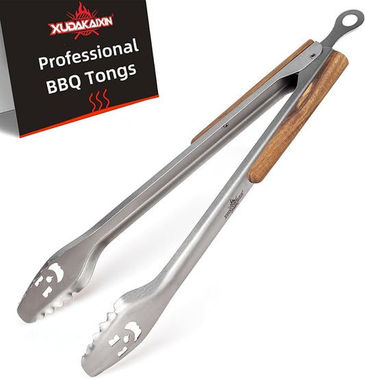 18-Inch Long Stainless Steel BBQ Tongs with Extended Luxurious Acacia Handle – Durable and Easy-to-Clean Grilling Tool for Cooking, Kitchen Use, and Outdoor Barbecues