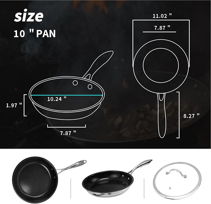 10" Nonstick Ceramic Frying Pan with Lid - PFOA & PTFE-Free, Oven & Broiler-Safe - Thick 2.5mm Four-Layer Construction, Anti-Scalding Handle for All Stovetops (Induction/Gas etc)