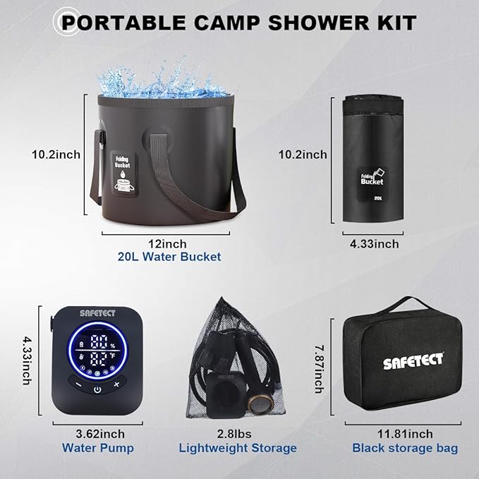 Portable Camp Shower Pump, IPX8 Waterproof, 8000mAh Rechargeable Shower Pump, 5 Speed Mode & 4 Water Mode Camping Shower with 20 L Foldable Bucket, Shower for Hiking,Travel, Pet Bath, Car Wash