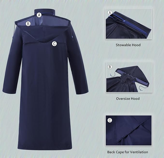RainRider Raincoat for Men Waterproof Long Rain Jacket with Stowable Hood Lightweight Rain Gear Poncho for Unisex