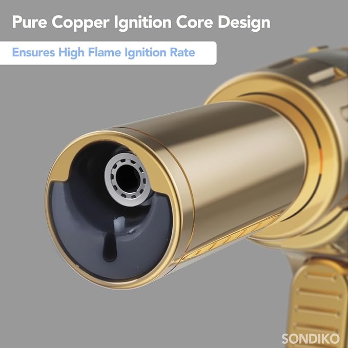 Sondiko DUAL Style Flame Butane Torch Lighter, Adjustable Flame Size Butane Lighter, Refillable Blow Torch with Continuous Flame Lock for Cooking, Butane Gas Is Not Included, Gold