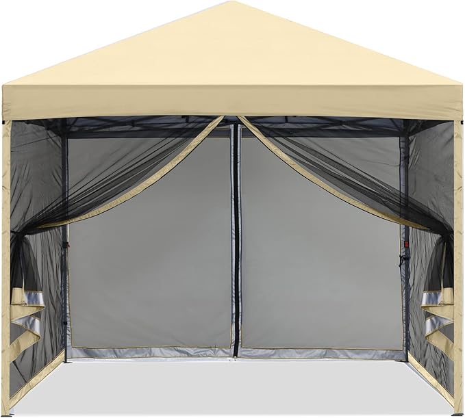 MASTERCANOPY Pop-Up Easy Setup Outdoor Canopy with Netting Screen Walls (8x8, Beige)