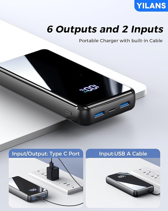 Portable Charger,42800mAh Power Bank Built-in Cable,22.5W PD USB C in & Out Fast Charging, External Battery Pack 6 Output & 2 Input, Travel Phone Charger for iPhone 17/16/15/14/13/12, Android (Black)