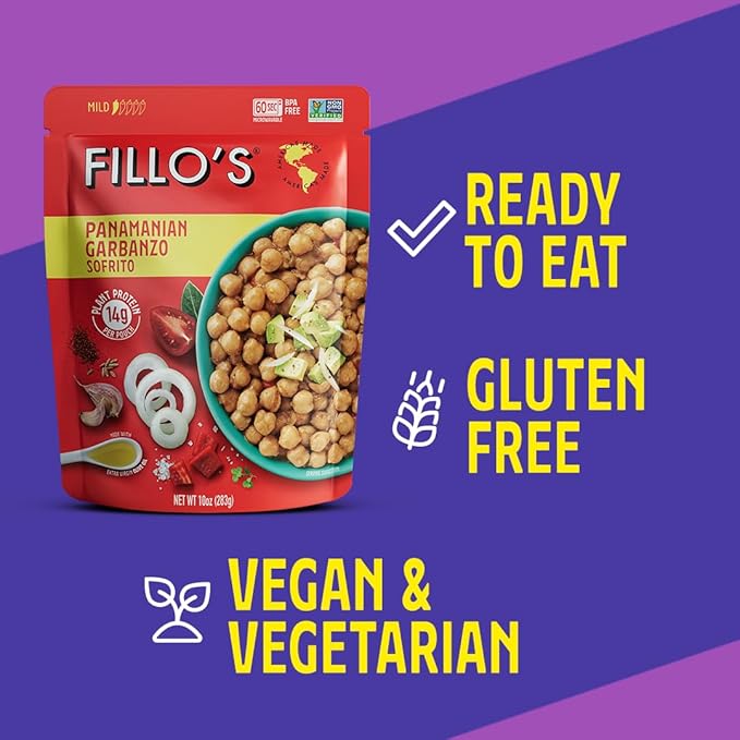 Fillo's Panamanian Garbanzo Beans, Ready to Eat Beans, 10 oz Pk of 6, Gluten-Free, Preservative-Free, Microwavable Meals, Non-GMO, Vegan, Plant Protein