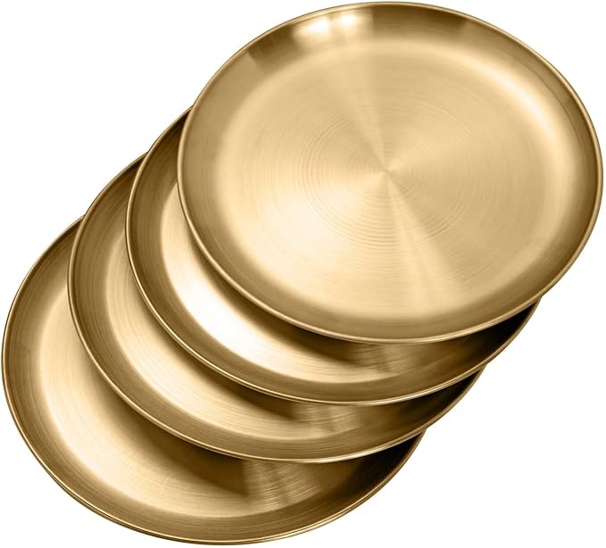 Stainless Steel Plates Metal Gold Dinner Plates Unbreakable Dinner Dishes Plates Set for Barbecue Kitchen Home Camping Outdoor Party (9inch 10Pcs)