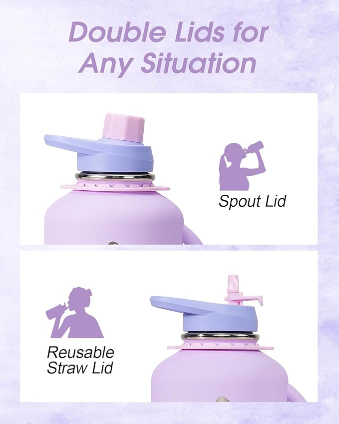 Coolflask Half Gallon Water Bottle with Straw, 64 oz Insulated Stainless Steel Water Jug With Handle Metal Double-Walled Vacuum Large Flask With Strap Leakproof, Keep Cold 48 Hrs Hot 24hrs, Lavender