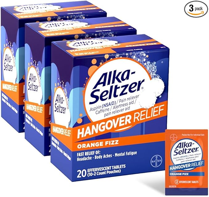 Alka-Seltzer Hangover Relief Tablets, Fast Relief Starts In About 15 Minutes for Headaches, Body Aches & Mental Fatigue, Bachelorette & Bachelor Party Packs 60 Count (3 Boxes, 20 Tablets Each)