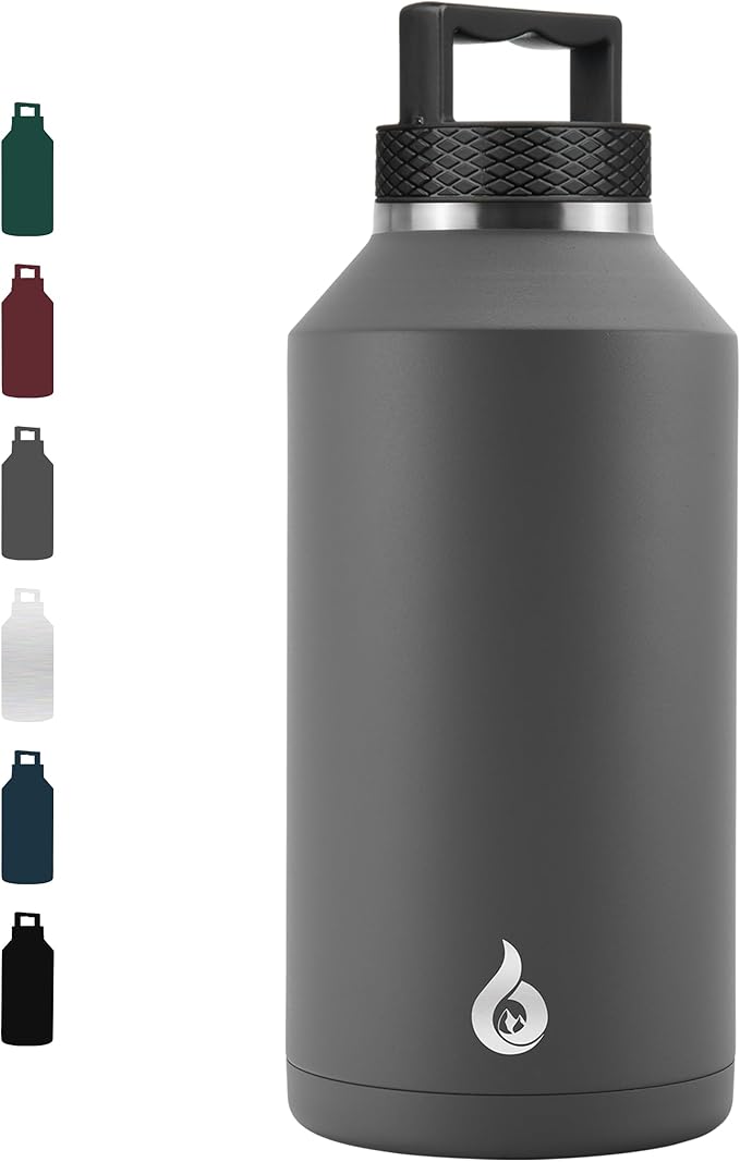 BJPKPK Half Gallon Water Bottle Insulated, Dishwasher Safe 64 oz Water Bottle with Handle, Leakproof BPA Free Water Jug, Large Stainless Steel Thermo for Sports, Grey