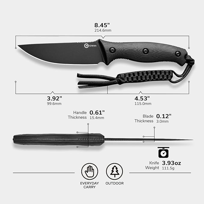 CIVIVI Fixed Blade Knife with a Kydex Sheath, a T-clip, a Lanyard for EDC, Stormridge Full Tang Knife with 3.92" Nitro-V Black G10 Contoured Handle for Outdoor Activities C23041-1