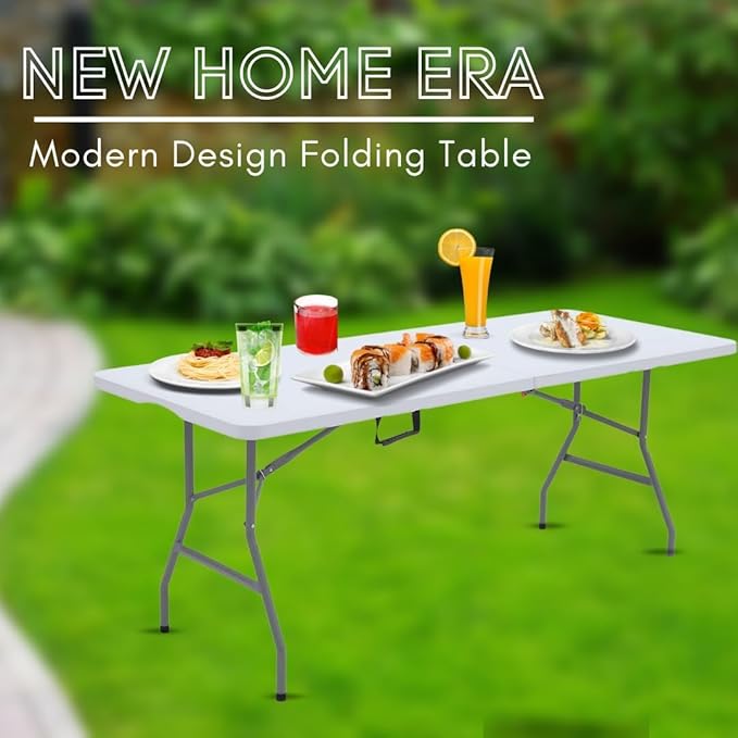6ft Plastic Folding Table, Fold-in-Half Portable Utility Table Heavy Duty Portable w/Handle, for Indoor Outdoor,Picnic, Party, & Camping (White, 6ft)