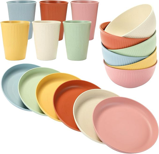 18PCS Wheat Straw Dinnerware Sets Unbreakable Dinnerware Sets Reusable Cups Plates and Bowls Sets Microwave for Kitchen Travel Camping