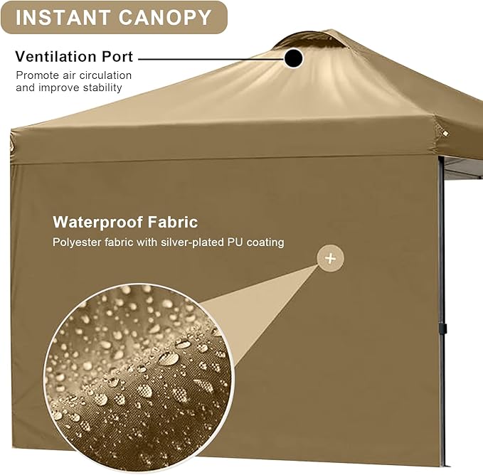 KAMPKEEPER 10x10 Pop Up Canopy Tent with 2 Sidewalls, Beach Tent - Easy Outdoor Sun Shade for Events, Parties, Camping - Gazebo with 4 Weight Bags & Carry Bag.(Khaki)