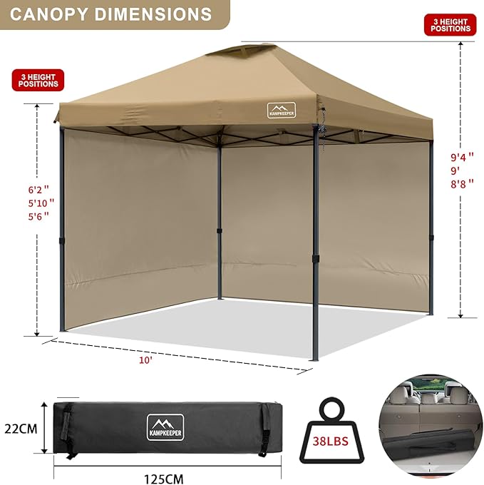 KAMPKEEPER 10x10 Pop Up Canopy Tent with 2 Sidewalls, Beach Tent - Easy Outdoor Sun Shade for Events, Parties, Camping - Gazebo with 4 Weight Bags & Carry Bag.(Khaki)