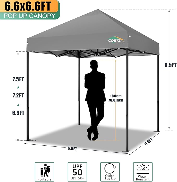 COBIZI 6.6x6.6ft Pop Up Canopy, Heavy Duty Tent Canopy Easy Set up All Weather Waterproof Outdoor Canopy Tent for Parties, Beach, Garden, Camping with 1 Handbag, 3 Adjustable Heights, UPF50+, Grey