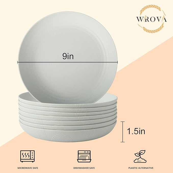 Wheat Straw Plates - 9 Inch Unbreakable Dinner Plates Set of 8 - Dishwasher & Microwave Safe Plastic Plates Reusable for kitchen and camping (light grey)