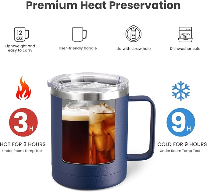 MEWAY 12oz Coffee Mug With Handle 8 Pack Bulk,Stainless Steel Insulated Travel Tumblers With Sliding Lid,Double Wall Vacuum Camping Cup for Hot & Cold Drinks Tea (Navy, 8)