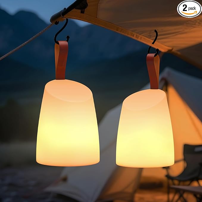uuffoo 2 Pack Portable Outdoor Table Lamp LED Camping Lantern, Rechargeable Table Lamp with Remote, RGB & Warm White, IP44 Water-Resistant, Timer & Memory, Hanging Lantern for Patio, Garden, Camping.