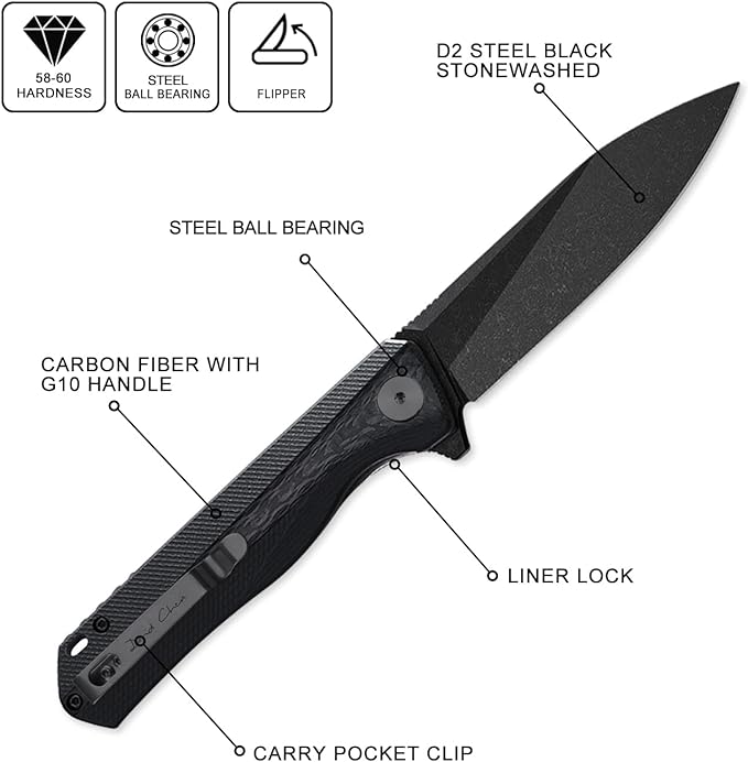 Petrified fish PF818,3.54" D2 Blade,104g G10 Handle Flipper Folding knife (Carbon fiber with G10 handle, Black stonewashed)