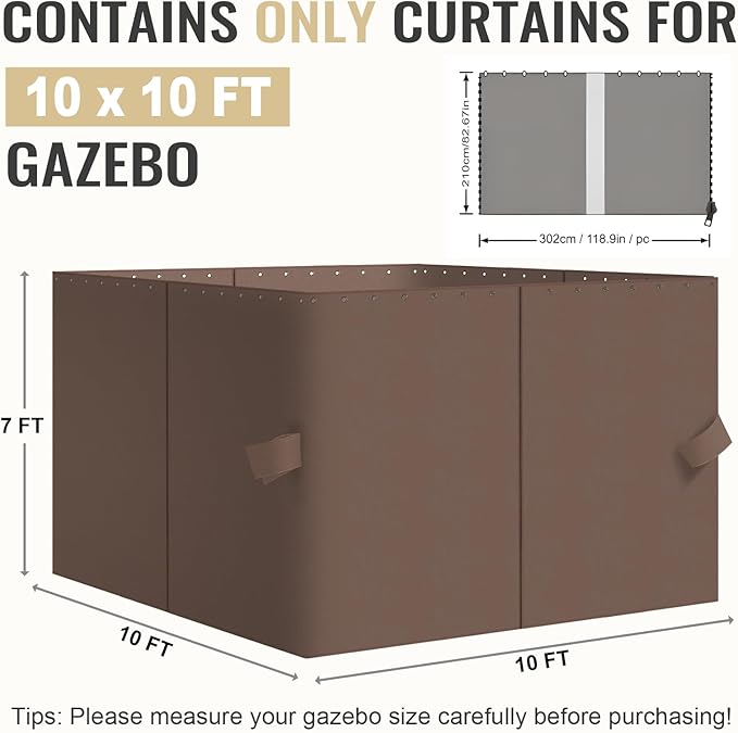 COWVIE 4-Panel 10' x 10' Gazebo Replacement Curtains, Patio Privacy Sidewalls with Double Zipper, Replacement for Outdoor Gazebo Canopy (Curtain Only)