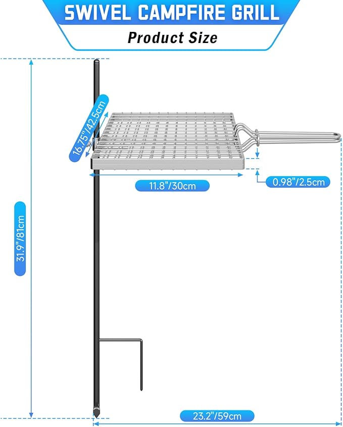 Swivel Campfire Grill Grate, 360°Adjustable Heavy Duty Steel Grate Camping Grill, Portable Camping Essentials, BBQ Over Fire Pit Grill, Fire Racks Cooking Equipment for Outdoor Open Flame Cooking