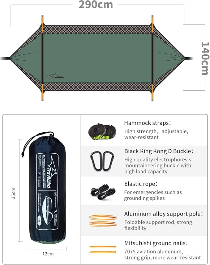 Camping Hammock Tent with Mosquito Net and Sunshade, Extra Large for 2 Person, Lightweight Hanging Hammocks Tree Straps, Bivvy Ground Tent for Outside, Hiking, and Travel