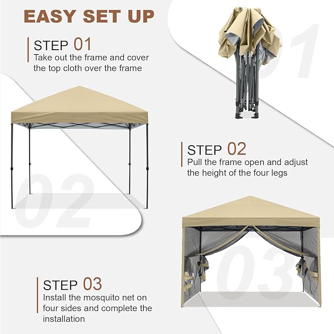 MASTERCANOPY Pop-Up Easy Setup Outdoor Canopy with Netting Screen Walls (8x8, Beige)