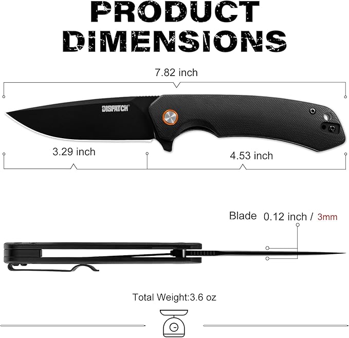 Dispatch Black Pocket Knife with Clip, 3.29" D2 Steel Drop Point Blade and G10 Handle EDC Knife-Front Flipper Pocket Knife for Men Women,Sharp Hiking Hunting Survival Camping Folding Knives.