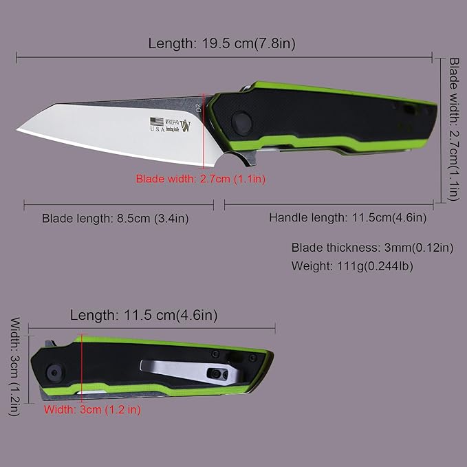 7.8in Folding Pocket Knife with D2 Steel Blade, G10 Handle, Ball Bearing Pivot, Stonewashed Finish – Outdoor EDC Utility Tool for Camping, Hiking, Survival Use(G10 - Black/Green)