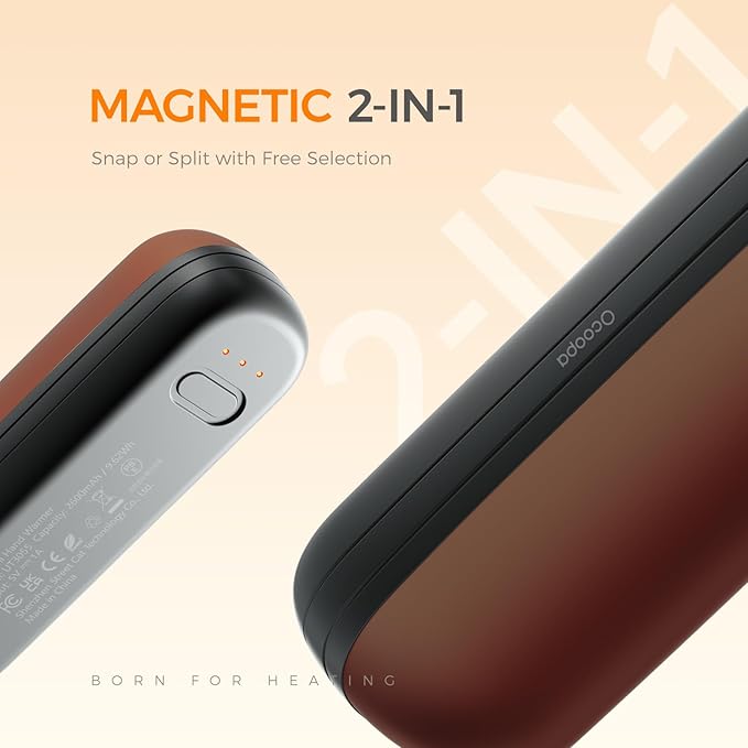 OCOOPA 2 in 1 Magnetic Rechargeable Hand Warmers, UT2s Mini Electric Handwarmers 2 Pack, Split USB-C, Reusable Portable Pocket Heater, Raynauds, Golf, Christmas, Tech Gifts for Women Men