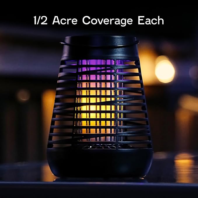 PIC Portable Bug Zapper, 600V Solar Powered Insect Trap & Fly Zapper for Outdoor Use, LED Flickering Flame, Activates Automatically in Dark, Weatherproof Outdoor Fly Trap, Kills Bugs on Contact