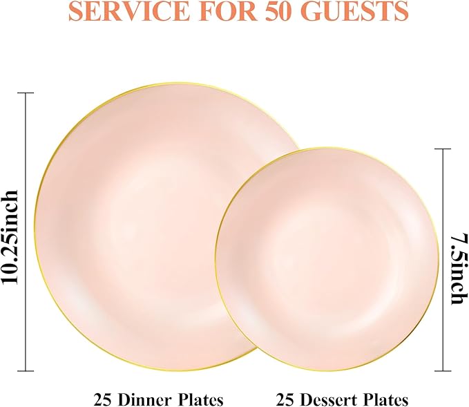 100PCS Pink Gold Plastic Plates, Pink Disposable Plates for Party, Wedding and Graduation, Include 50 Dinner Plates, 50 Dessert Plates for 50 Guests