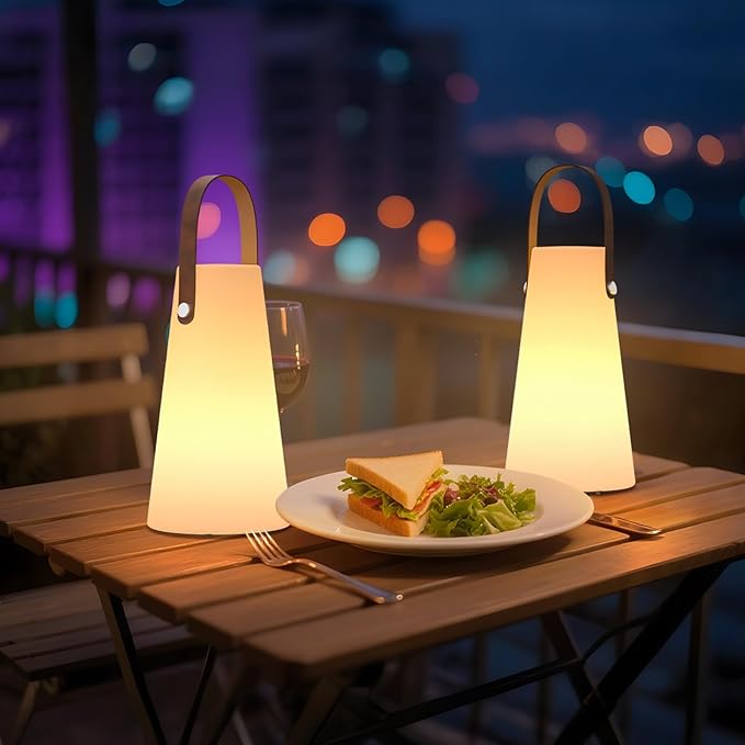 2 Pack Outdoor Lanterns, GGII Rechargeable Lantern with IP44 Water-Resistant, Portable Cordless Outdoor Table Lamp RGB Colors for Patio Garden Camping Party (Leather)