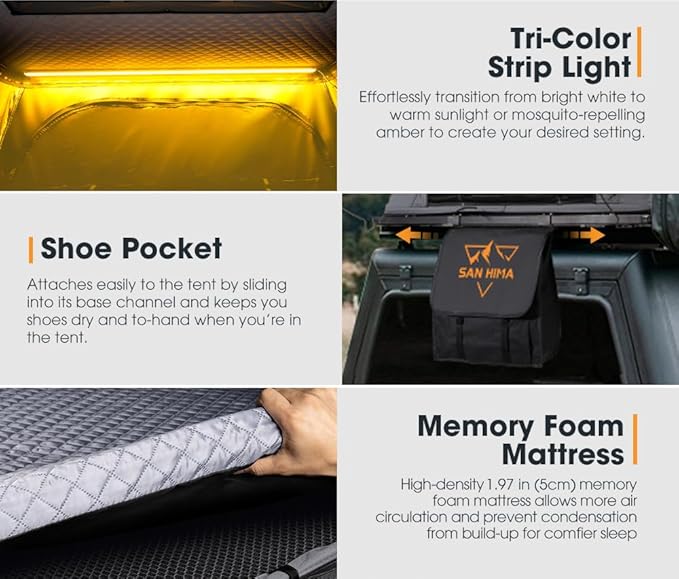 Sanhima Rooftop Tent Hard Shell - Hotham Lite Overland Aluminium Roof Top Tent 4.56" Slimline, w/Tri-Color LED Strip Light & 1.97” Thick Mattress, for Car SUV Truck Camping, 2-3 People
