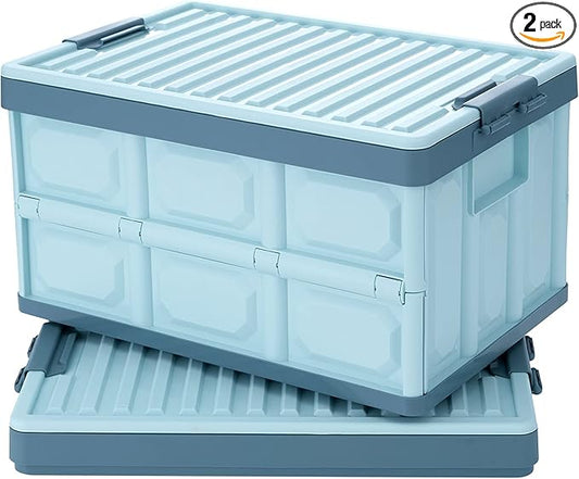 Blue Folding Plastic Stackable Utility Crates 2-Pack, Collapsible Storage Bins with Lids 30L, Durable Containers for Home & Garage Organization